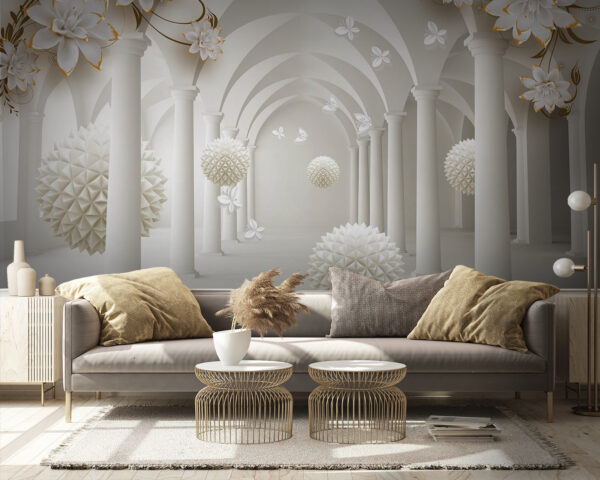 Chambre blanche avec fleurs blanches et boules blanches Chambre blanche avec fleurs blanches et boules blanches