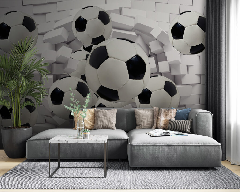 Group of football balls flying over a wall Group of football balls flying over a wall