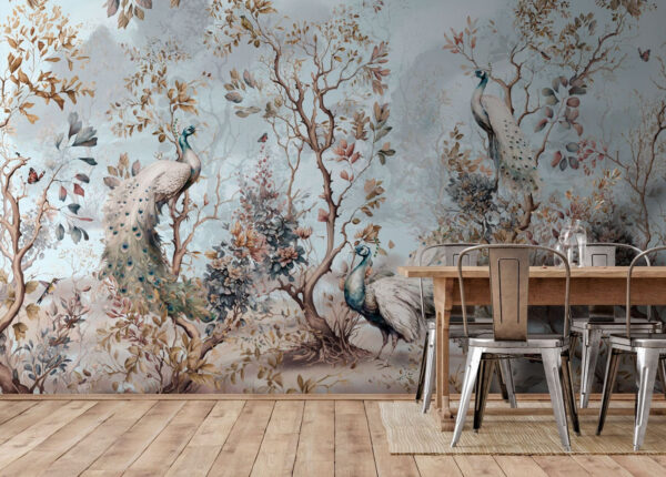 Peinture de paons dans une forêt Peinture de paons dans une forêt
