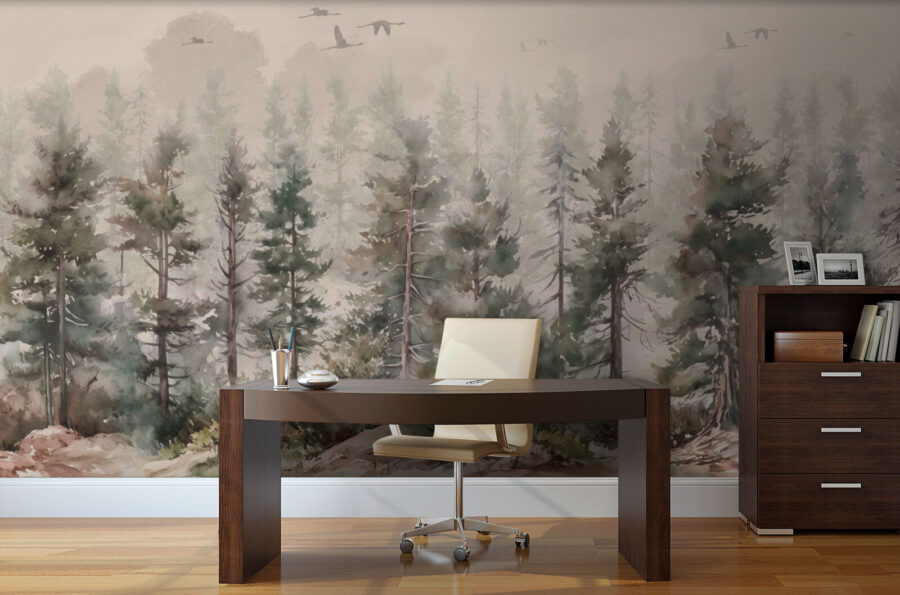Aquarelle d'arbres et d'oiseaux volant au-dessus d'une forêt brumeuse