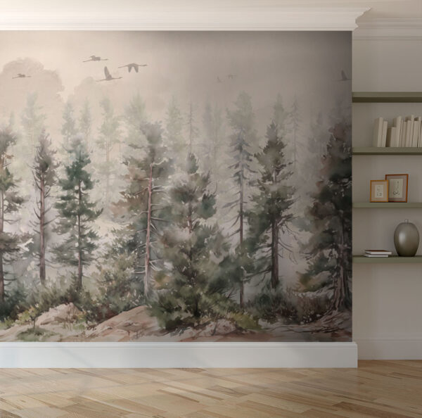 Aquarelle d'arbres et d'oiseaux volant au-dessus d'une forêt brumeuse Aquarelle d'arbres et d'oiseaux volant au-dessus d'une forêt brumeuse