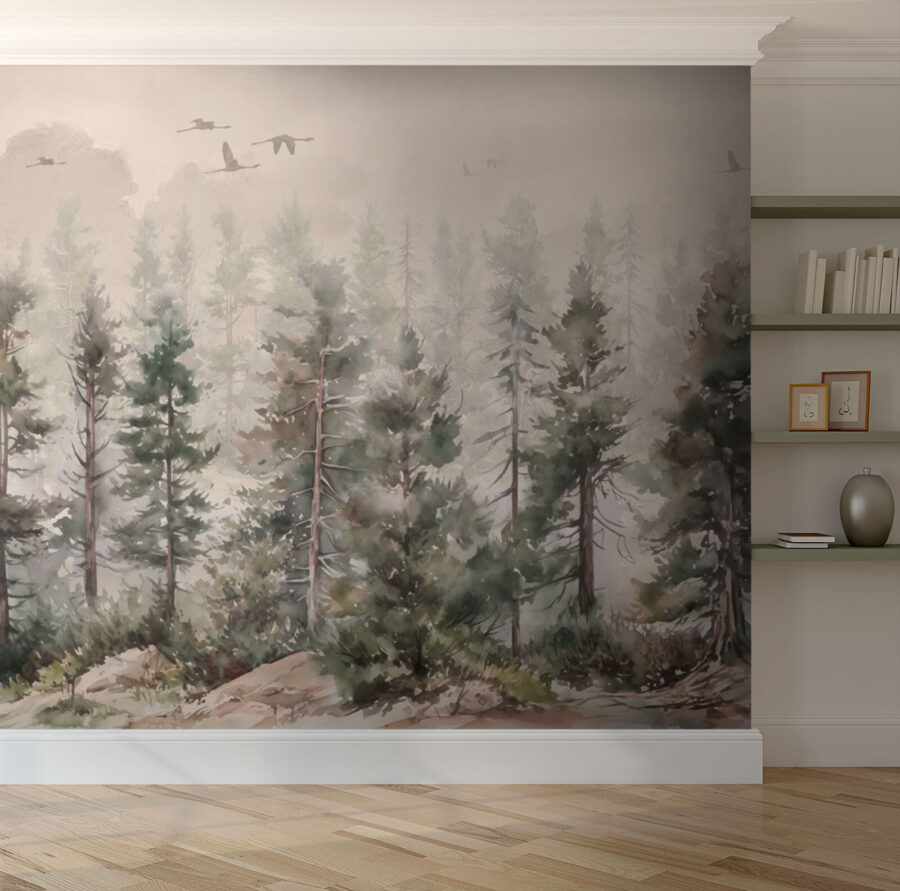 Aquarelle d'arbres et d'oiseaux volant au-dessus d'une forêt brumeuse