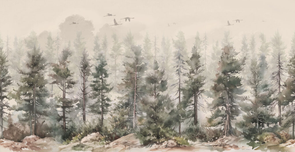Aquarelle d'arbres et d'oiseaux volant au-dessus d'une forêt brumeuse Aquarelle d'arbres et d'oiseaux volant au-dessus d'une forêt brumeuse