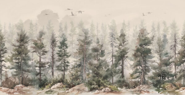 Aquarelle d'arbres et d'oiseaux volant au-dessus d'une forêt brumeuse Aquarelle d'arbres et d'oiseaux volant au-dessus d'une forêt brumeuse