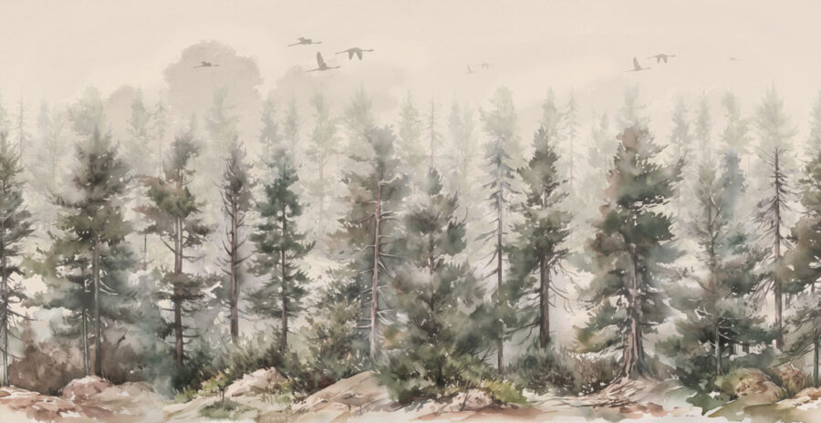 Aquarelle d'arbres et d'oiseaux volant au-dessus d'une forêt brumeuse