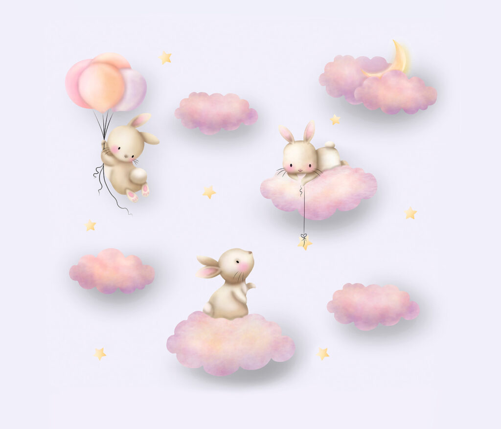 Groupe de lapins sur des nuages Groupe de lapins sur des nuages