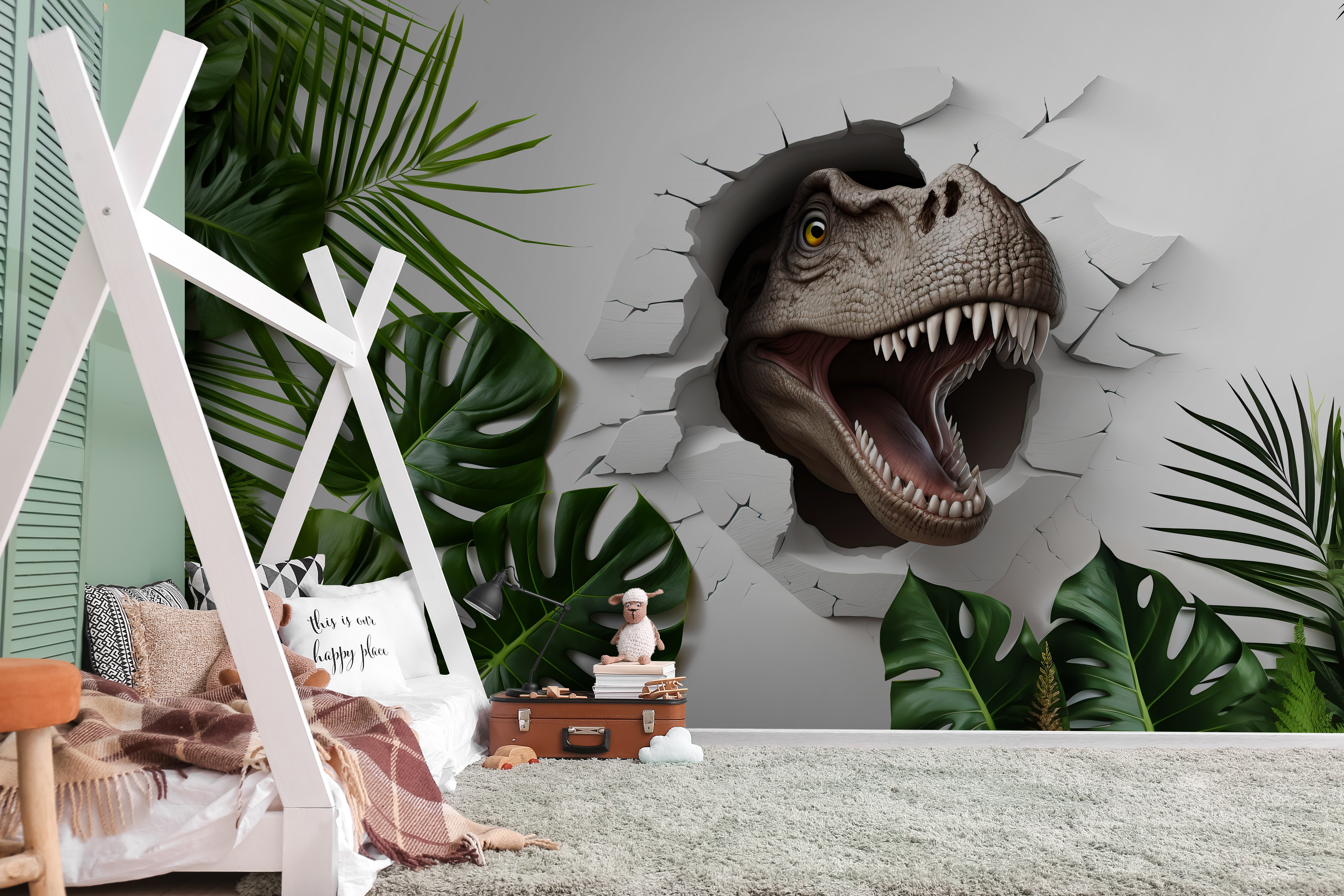 Dinosaur head coming out of a hole in a wall Dinosaur head coming out of a hole in a wall