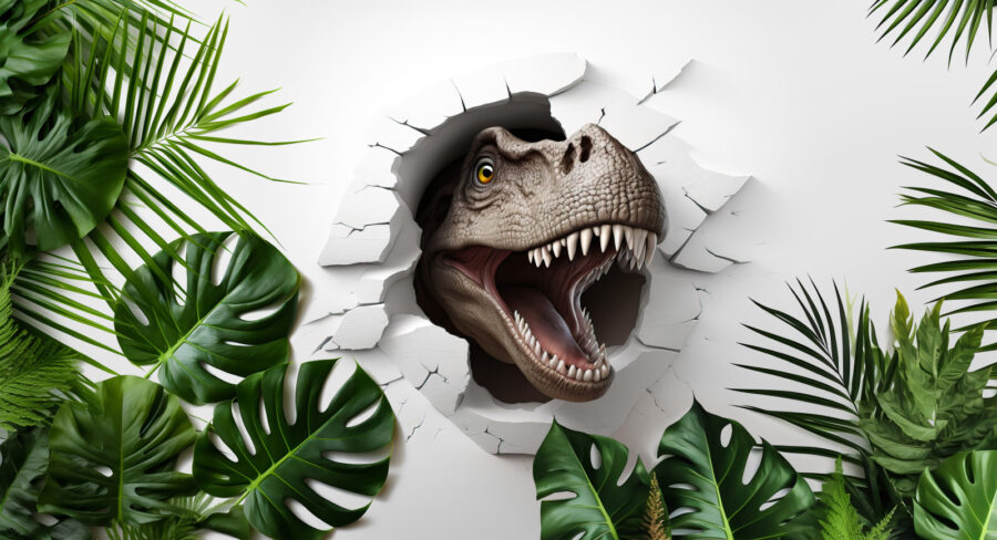 Tête de dinosaure sortant d'un trou dans un mur