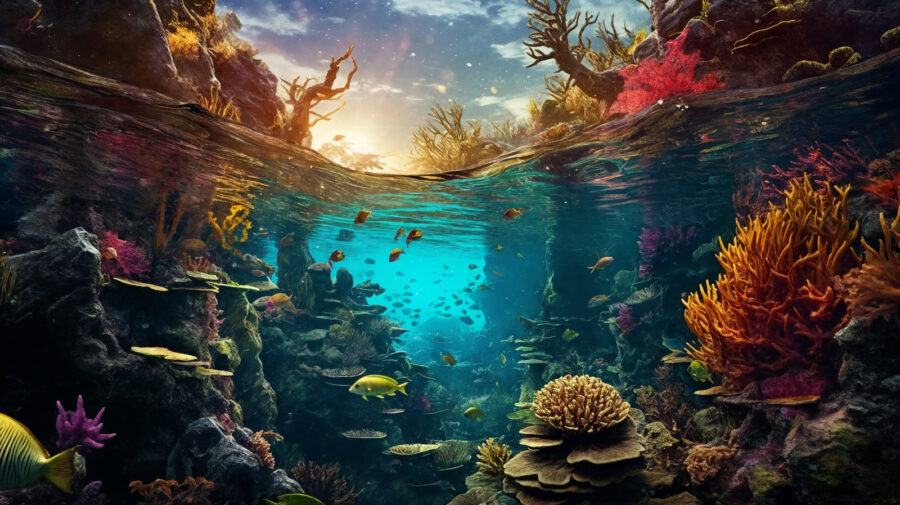 Vue sous-marine d'un récif corallien avec des poissons et des coraux