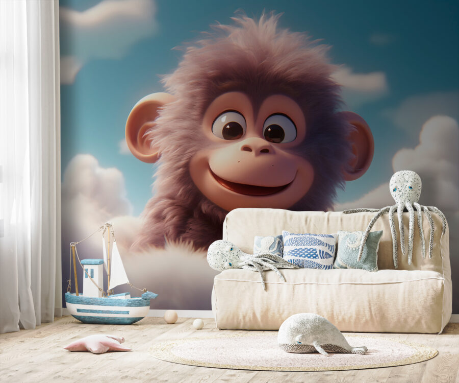 Papier peint Singe de dessin animé dans les nuages