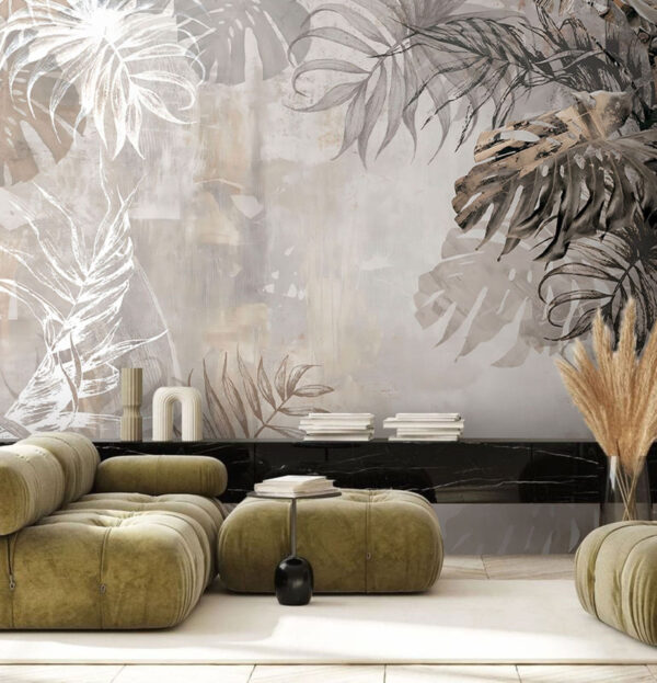 Mur gris et blanc avec feuilles Mur gris et blanc avec feuilles