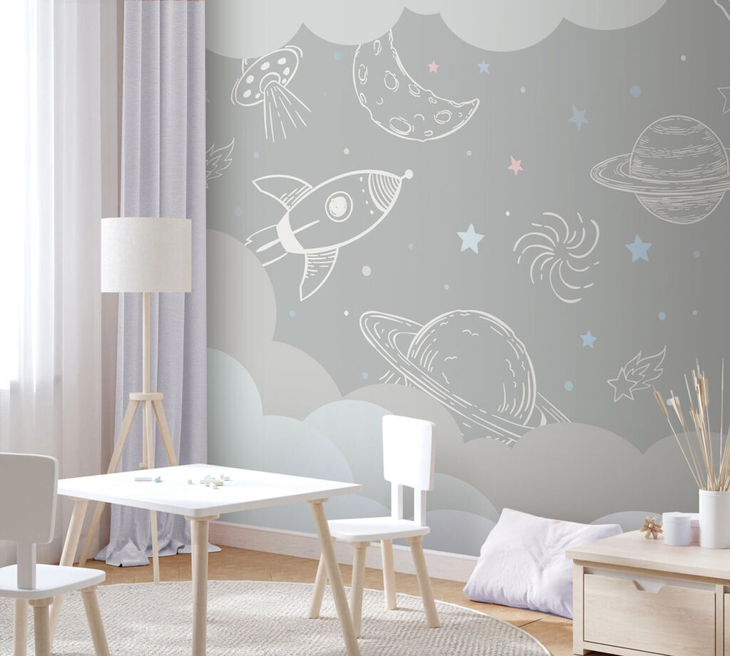 Grey background with clouds and rockets Grey background with clouds and rockets