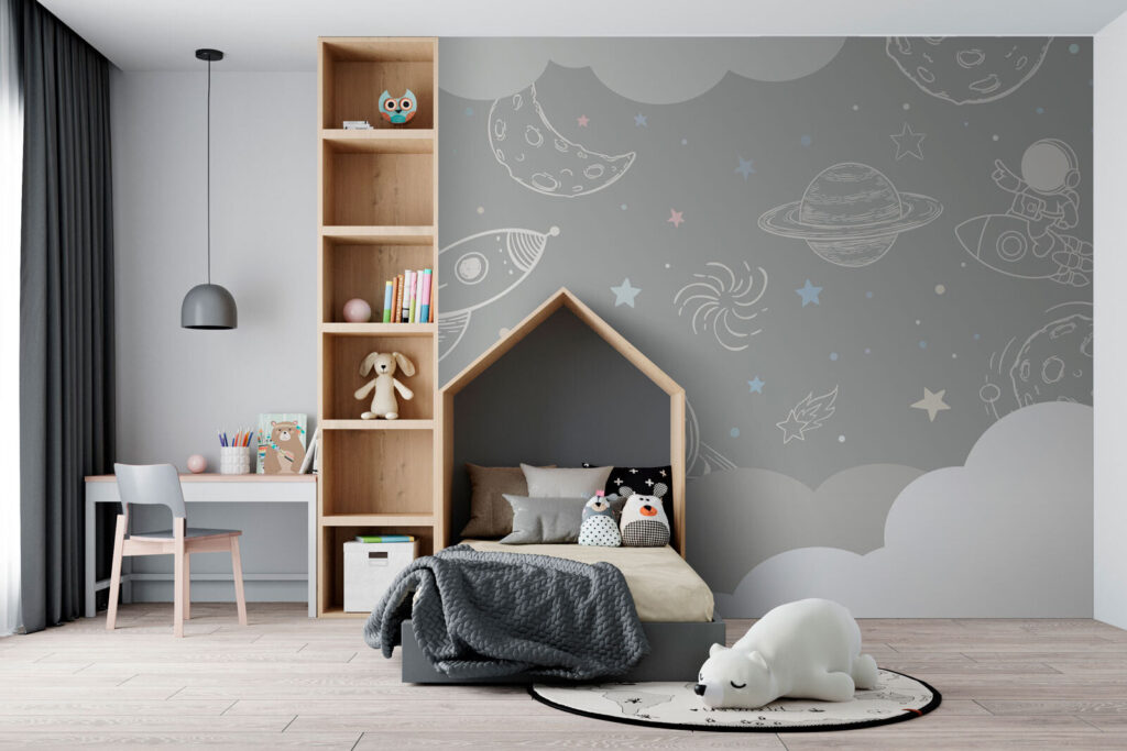 Grey background with clouds and rockets Grey background with clouds and rockets