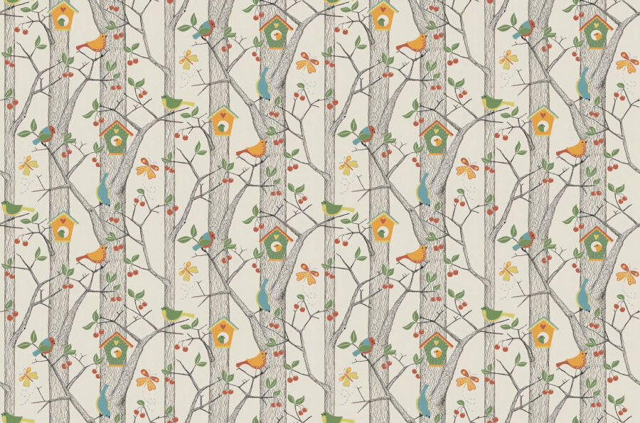 Papier peint avec des oiseaux et des arbres