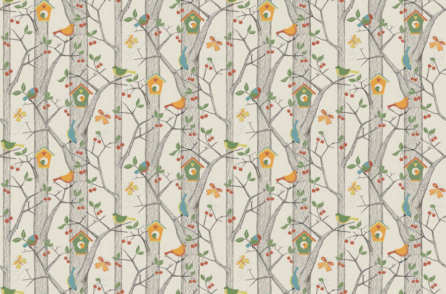 Papier peint avec des oiseaux et des arbres