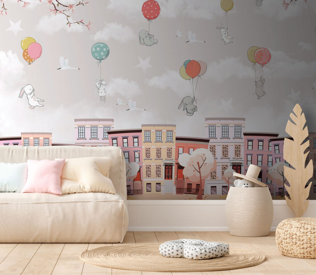 City with trees and balloons City with trees and balloons