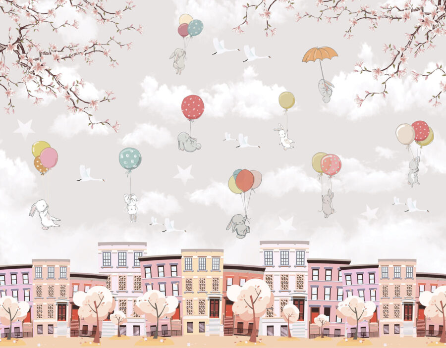 Ville avec arbres et ballons
