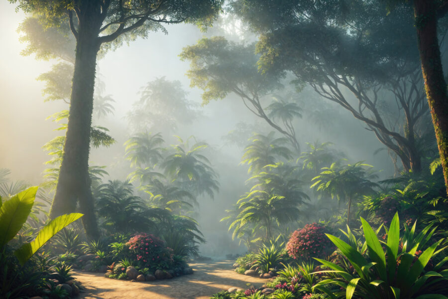 Chemin dans une forêt avec des arbres et des plantes