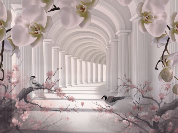 Arcade blanche avec colonnes blanches et oiseaux Arcade blanche avec colonnes blanches et oiseaux