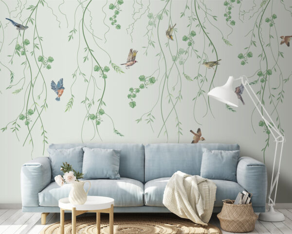 Papier peint avec des oiseaux et des vignes Papier peint avec des oiseaux et des vignes