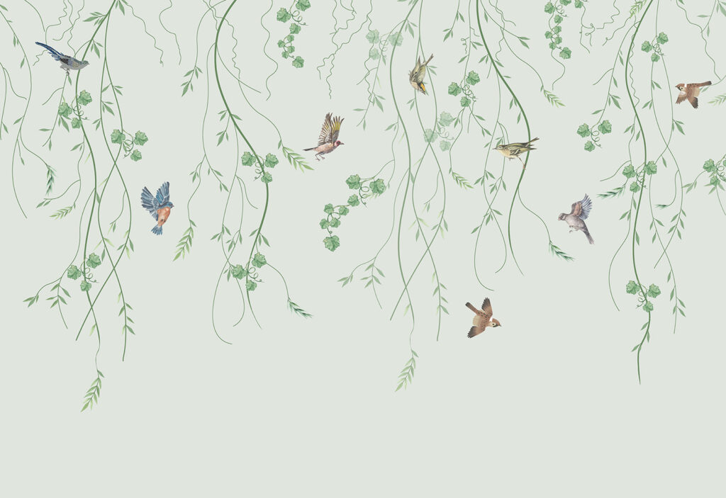Papier peint avec des oiseaux et des vignes Papier peint avec des oiseaux et des vignes