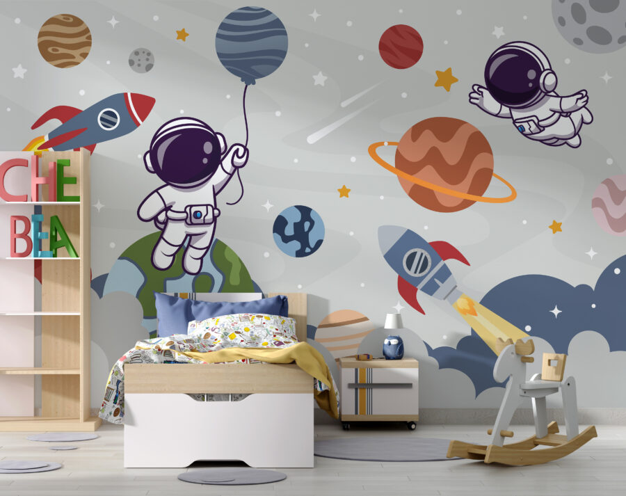 Papier peint Dessin animé d'un astronaute dans l'espace avec des planètes et une fusée volant dans le ciel – Image 4