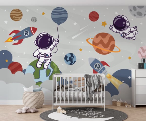 Dessin animé d'un astronaute dans l'espace avec des planètes et une fusée volant dans le ciel Dessin animé d'un astronaute dans l'espace avec des planètes et une fusée volant dans le ciel