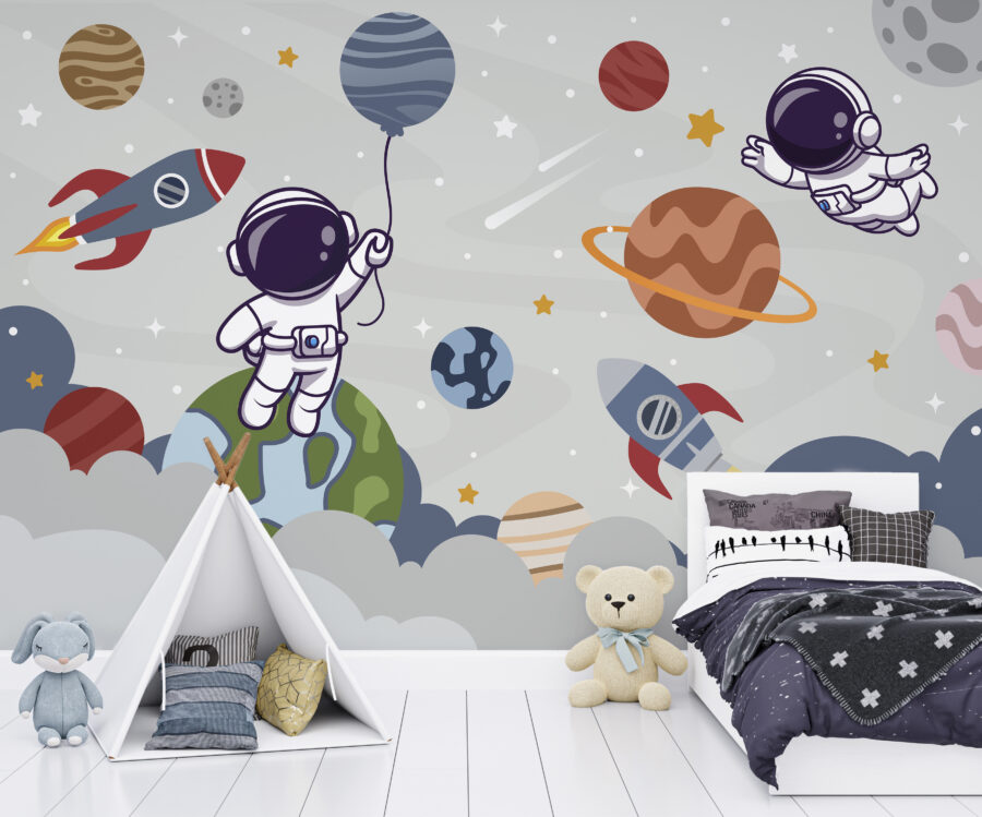 Papier peint Dessin animé d'un astronaute dans l'espace avec des planètes et une fusée volant dans le ciel