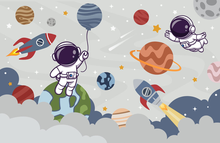 Papier peint Dessin animé d'un astronaute dans l'espace avec des planètes et une fusée volant dans le ciel – Image 7