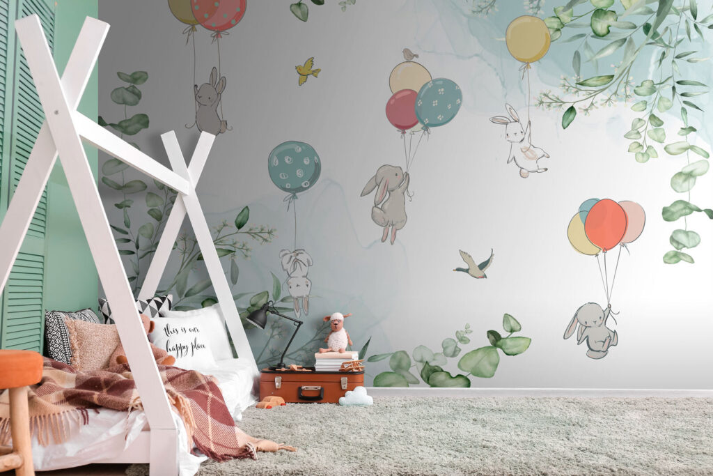 Group of bunnies holding balloons