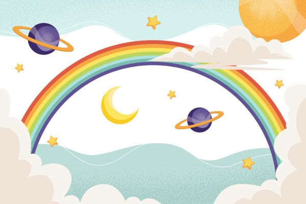 Arc-en-ciel avec planètes et étoiles Arc-en-ciel avec planètes et étoiles