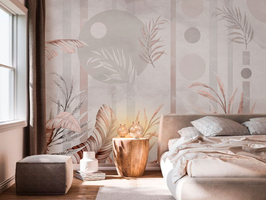 Papier peint avec feuilles et cercles