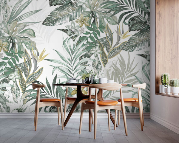 Papier peint avec des feuilles et des fleurs Papier peint avec des feuilles et des fleurs