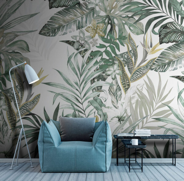 Papier peint avec des feuilles et des fleurs Papier peint avec des feuilles et des fleurs