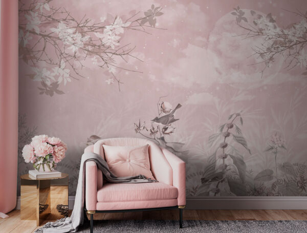 Fond rose avec oiseaux et fleurs Fond rose avec oiseaux et fleurs