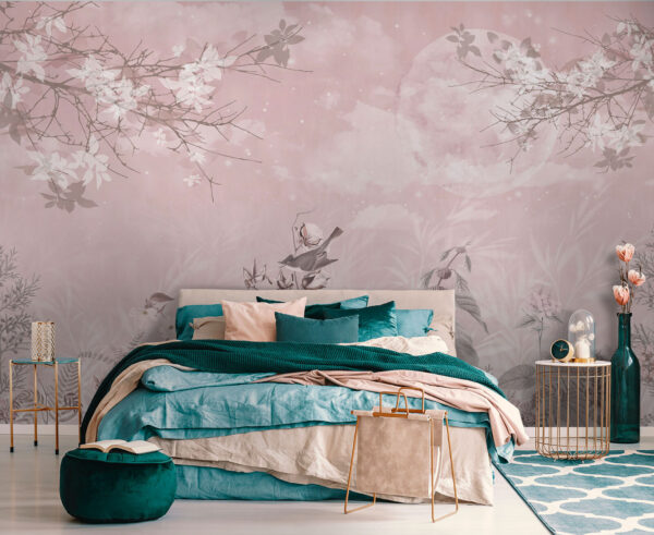 Fond rose avec oiseaux et fleurs Fond rose avec oiseaux et fleurs