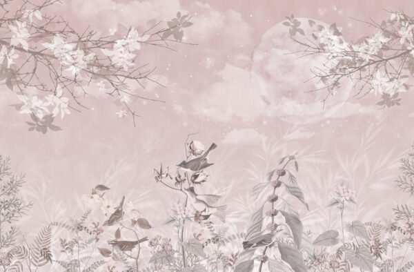 Fond rose avec oiseaux et fleurs Fond rose avec oiseaux et fleurs