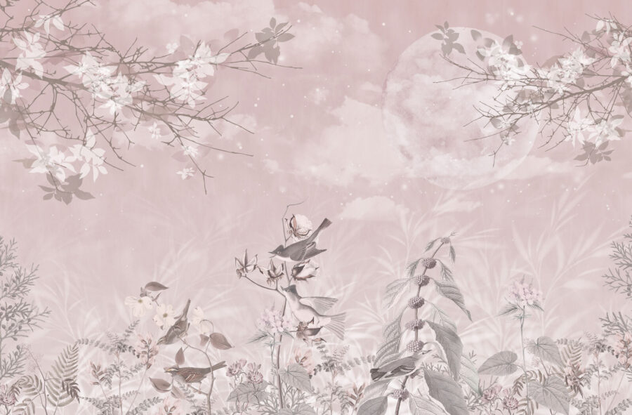 Fond rose avec oiseaux et fleurs Fond rose avec oiseaux et fleurs