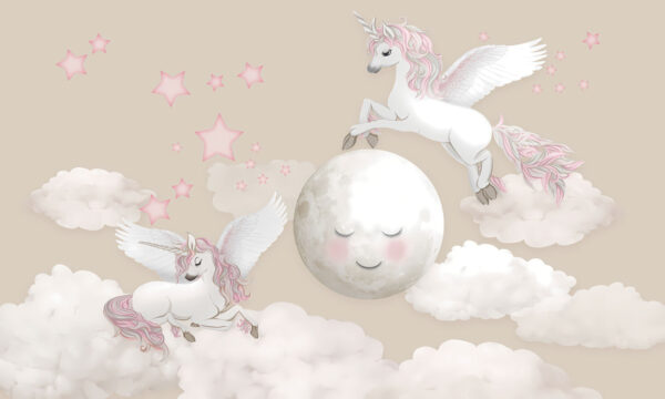 Groupe de licornes volant sur la lune Groupe de licornes volant sur la lune