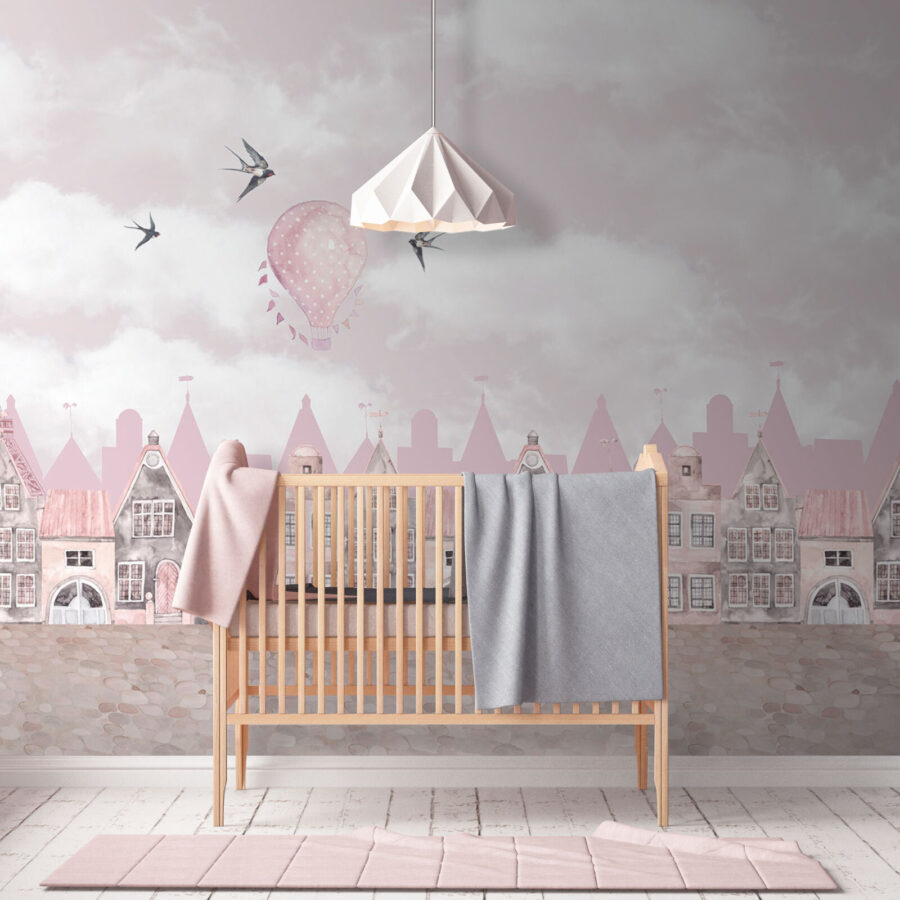 Papier peint Paysage urbain rose et blanc avec des ballons roses et des oiseaux en vol – Image 2