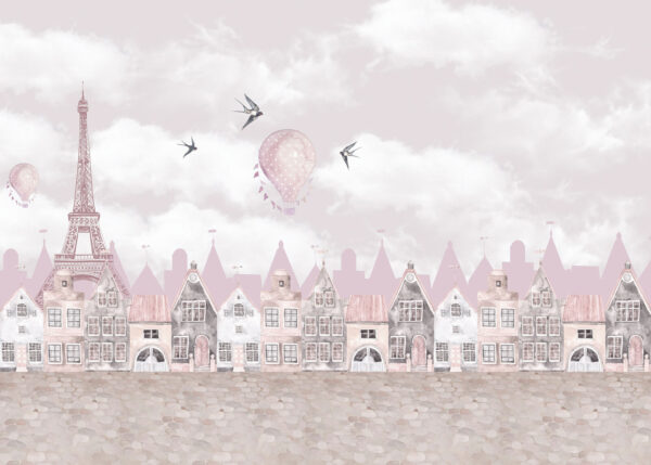 Paysage urbain rose et blanc avec des ballons roses et des oiseaux en vol Paysage urbain rose et blanc avec des ballons roses et des oiseaux en vol