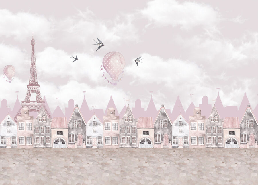 Papier peint Paysage urbain rose et blanc avec des ballons roses et des oiseaux en vol – Image 7