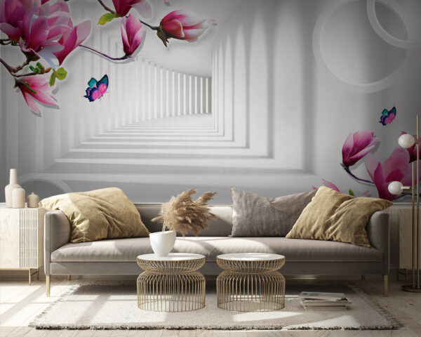 Papier peint avec des fleurs roses et des papillons Papier peint avec des fleurs roses et des papillons