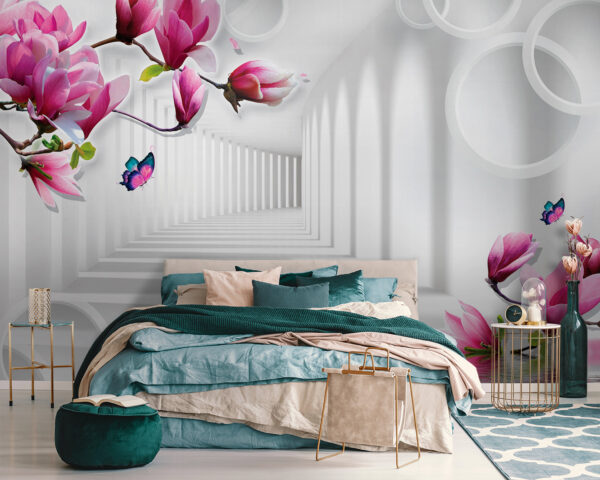 Papier peint avec des fleurs roses et des papillons Papier peint avec des fleurs roses et des papillons