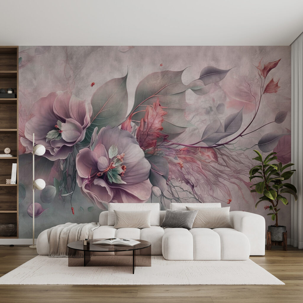 A painting of flowers and leaves