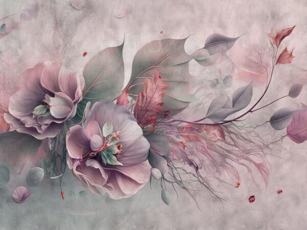 A painting of flowers and leaves