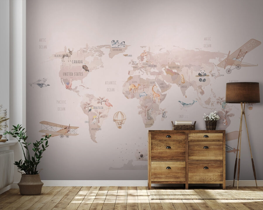 Carte du monde avec des avions et des ours polaires Carte du monde avec des avions et des ours polaires