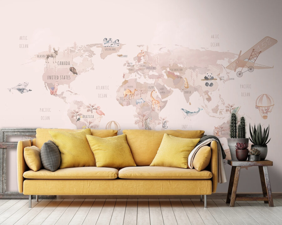 Carte du monde avec des avions et des ours polaires Carte du monde avec des avions et des ours polaires