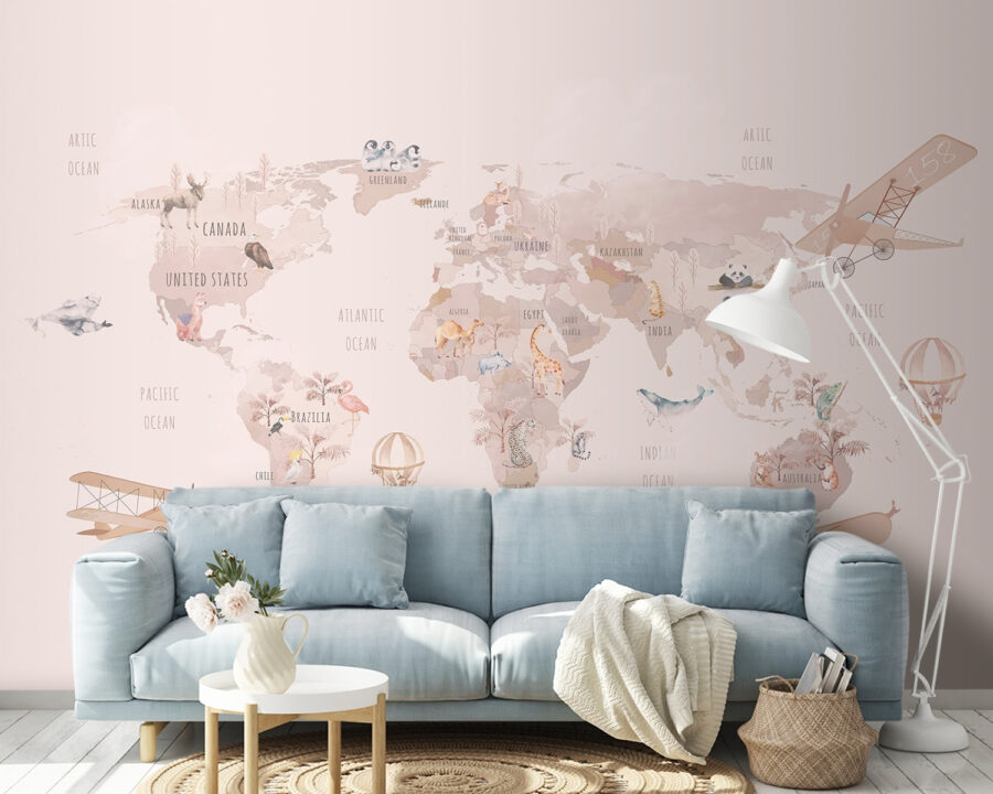 Carte du monde avec des avions et des ours polaires Carte du monde avec des avions et des ours polaires