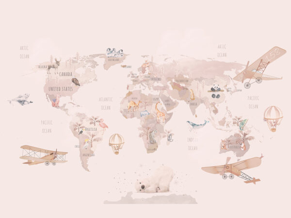 Carte du monde avec des avions et des ours polaires Carte du monde avec des avions et des ours polaires